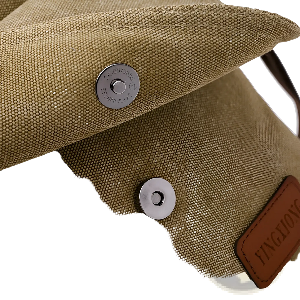 Men’s tan canvas crossbody business shoulder bag with silver-toned metal snap buttons and brown leather patch