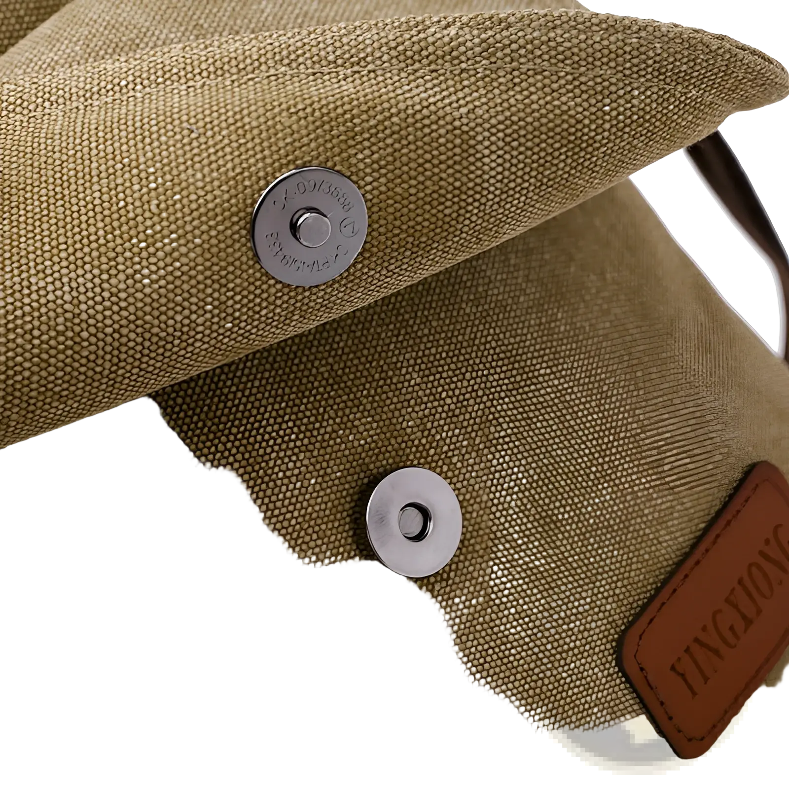 Men’s tan canvas crossbody business shoulder bag with silver-toned metal snap buttons and brown leather patch