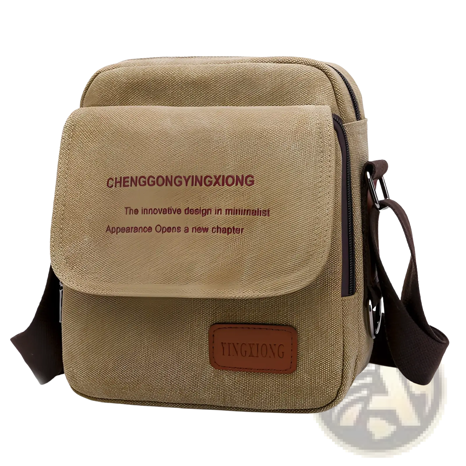 Men’s canvas crossbody business shoulder bag in tan with brown leather accents and embossed front flap