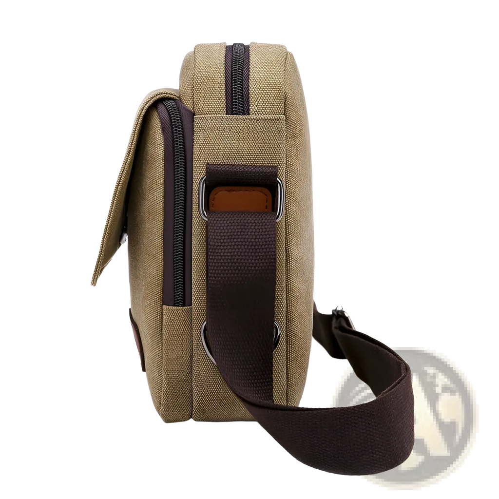 Men’s tan canvas crossbody business shoulder bag with dark brown webbing strap and leather accents for everyday use