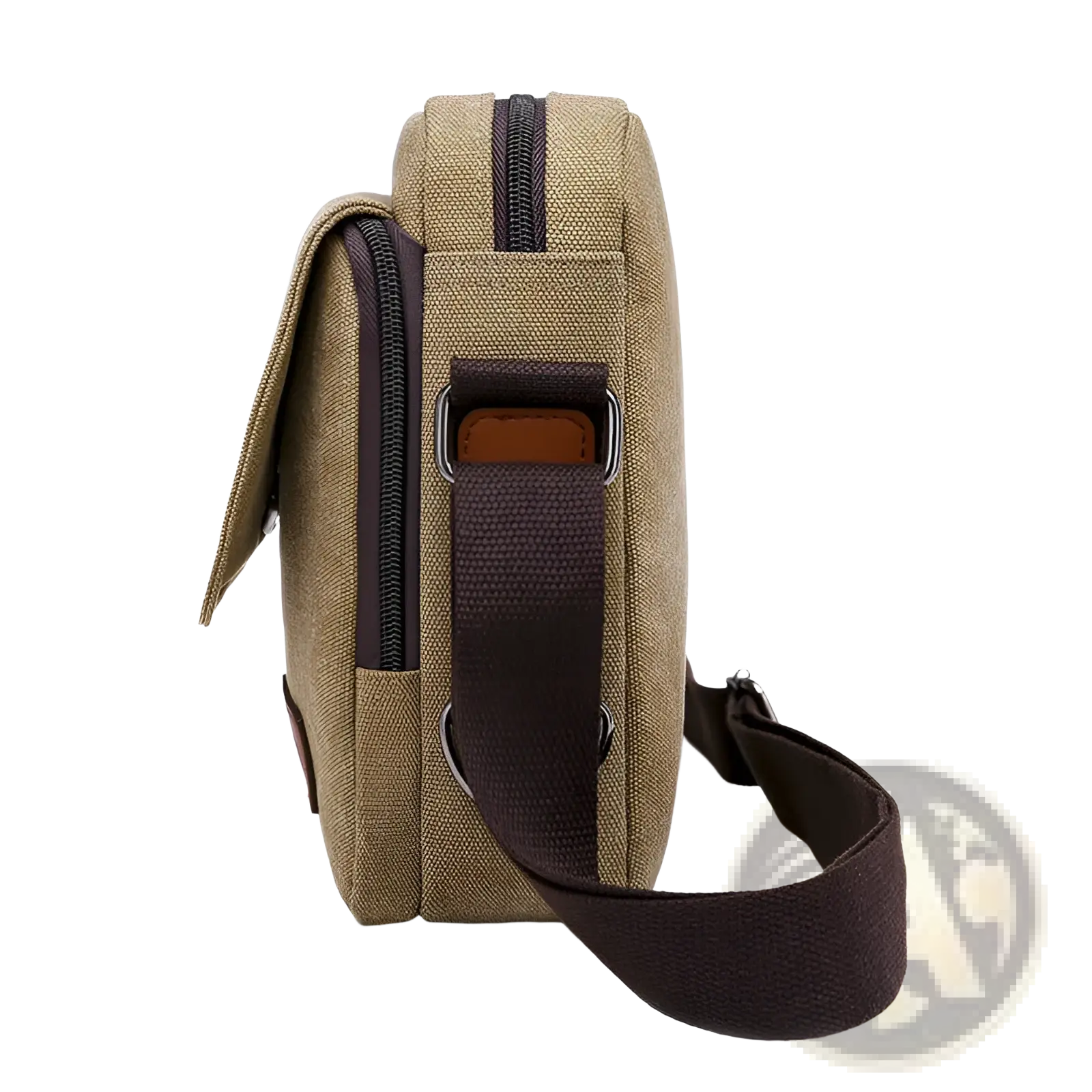 Men’s tan canvas crossbody business shoulder bag with dark brown webbing strap and leather accents for everyday use