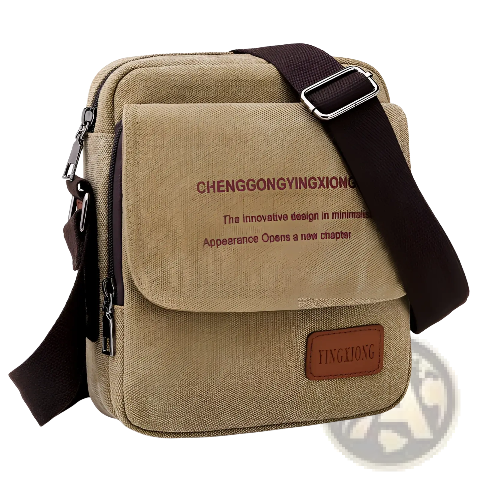 Men’s tan canvas crossbody business shoulder bag with dark brown straps and a leather patch front view
