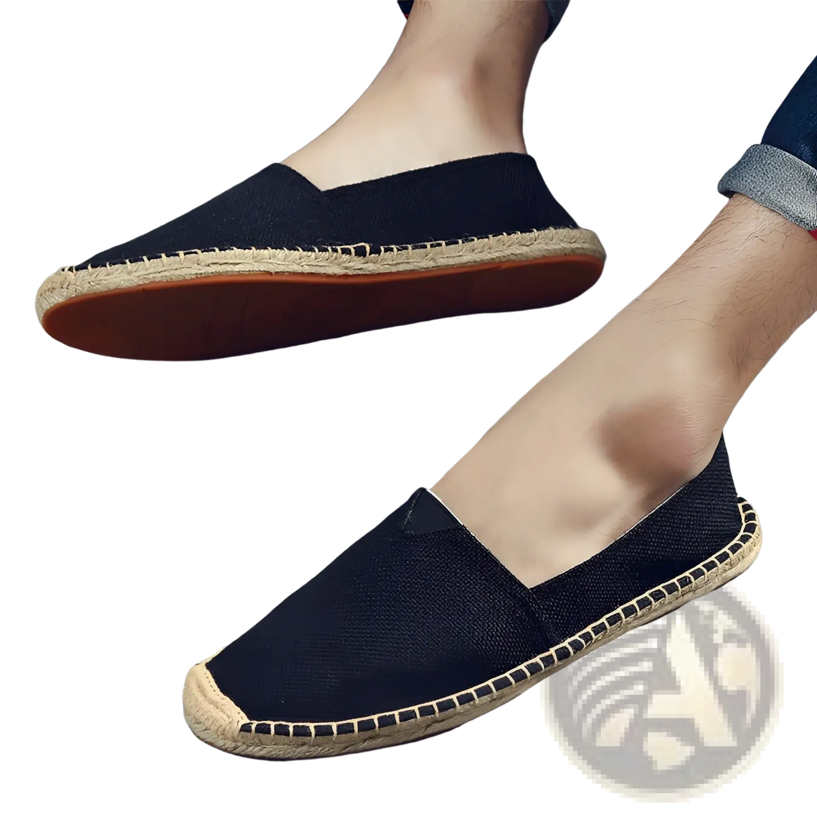 Men’s black canvas espadrille slip on summer shoes with woven jute sole and brown rubber outsole