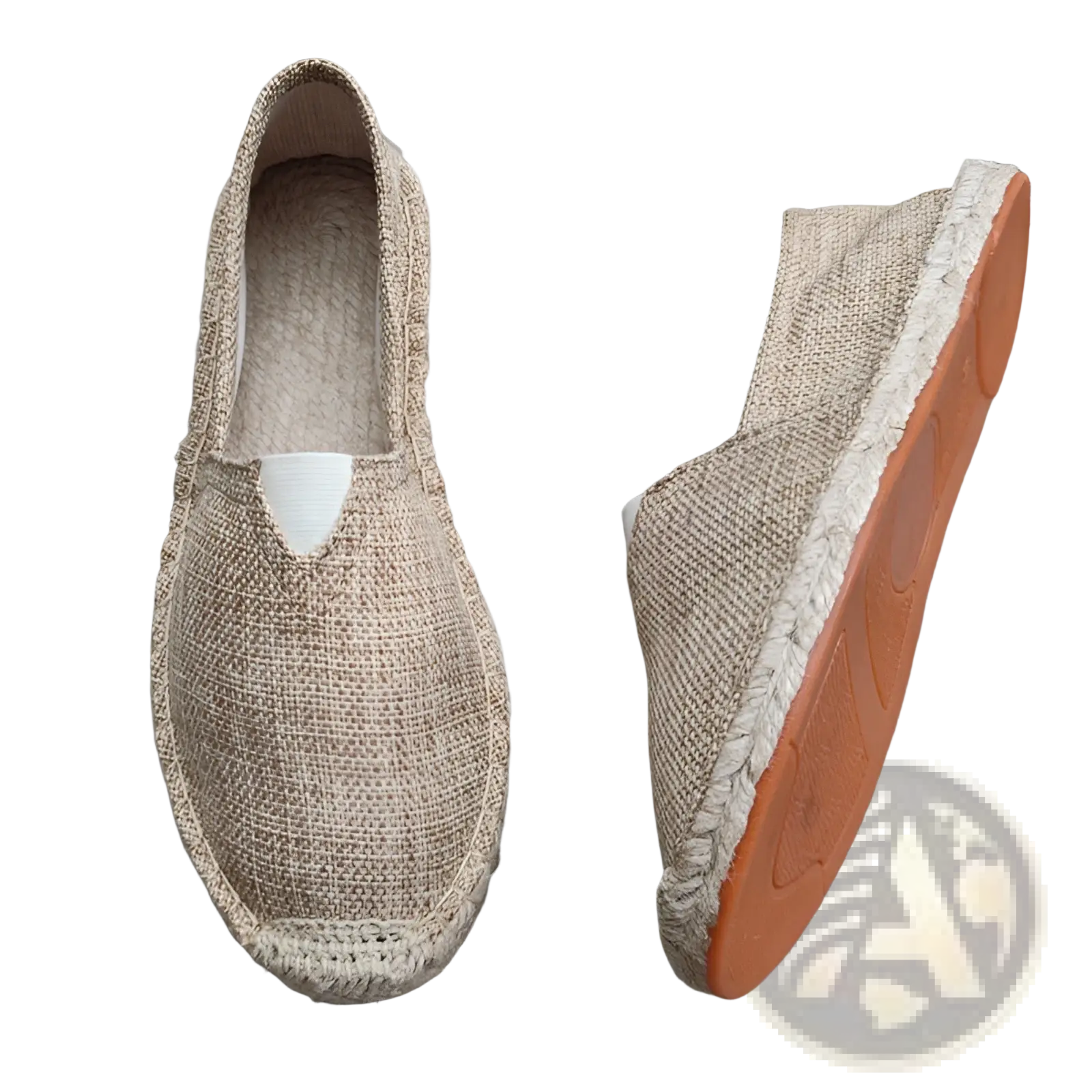 Beige woven canvas espadrille slip-on summer shoes with white triangular patch and orange rubber sole for men