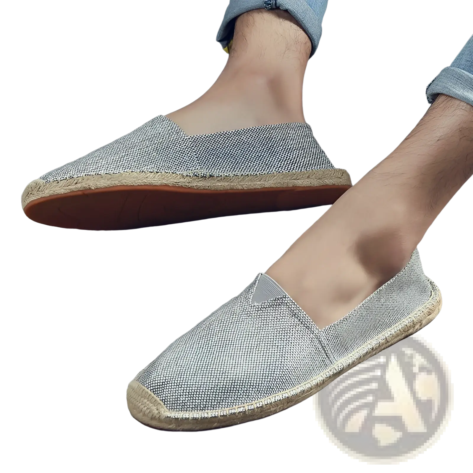 Men’s gray woven canvas espadrille slip-on summer shoes with natural jute sole and tan rubber outsole