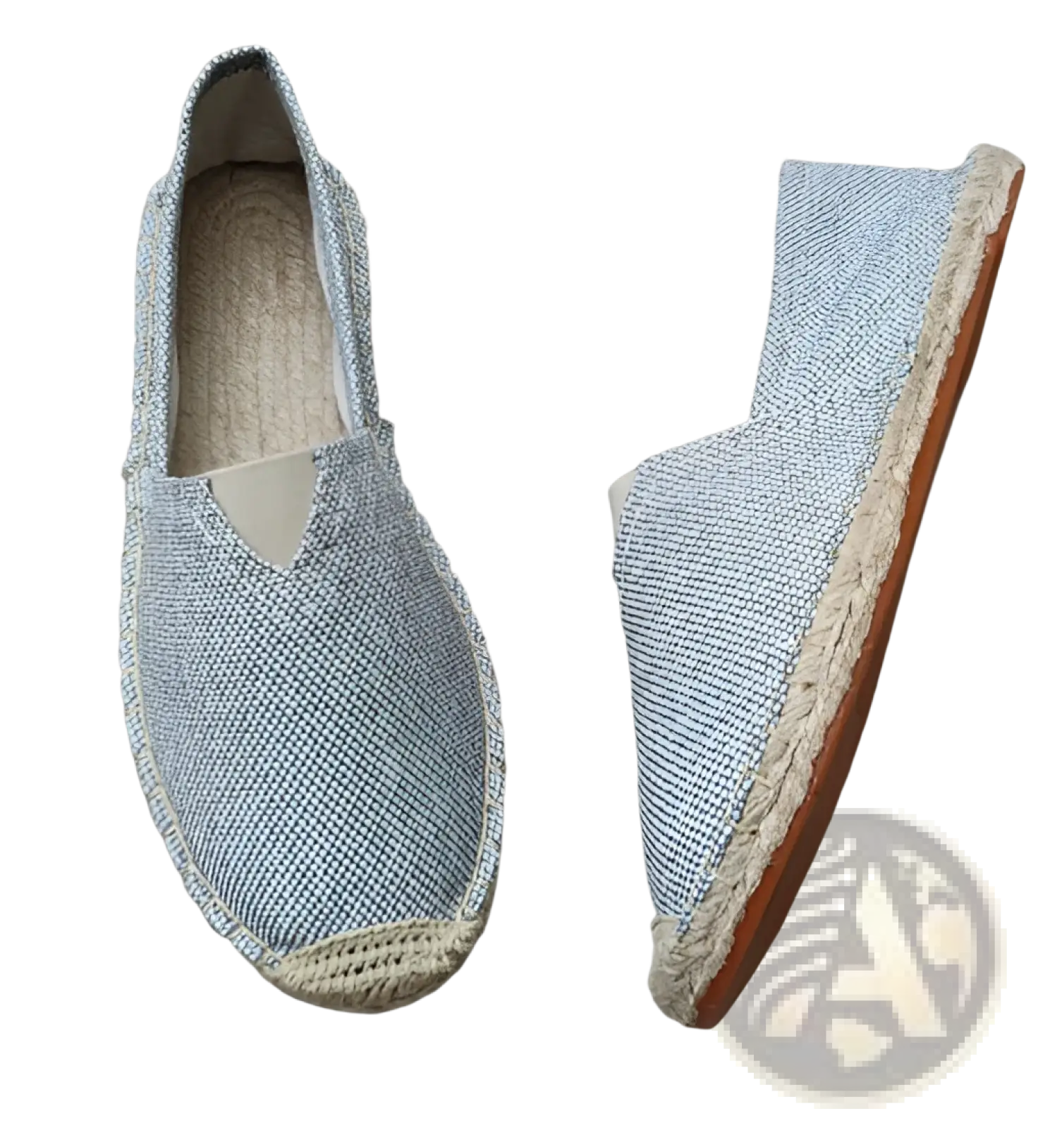 Light blue men’s canvas espadrille slip on summer shoes with woven canvas upper and braided jute sole with tan rubber heel