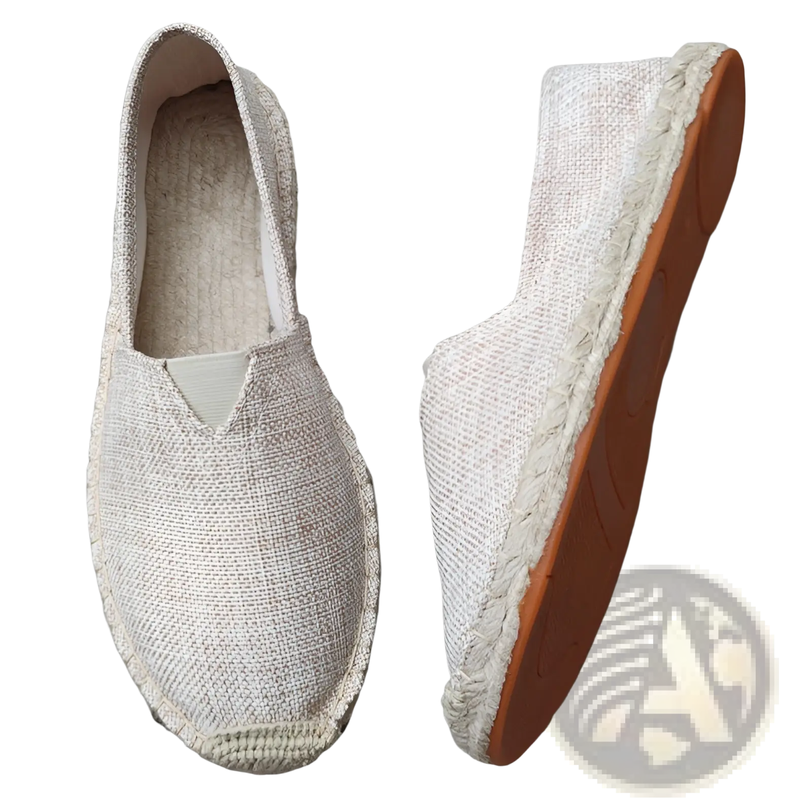 Men’s beige canvas espadrille slip-on summer shoes with woven design braided jute trim and orange rubber sole