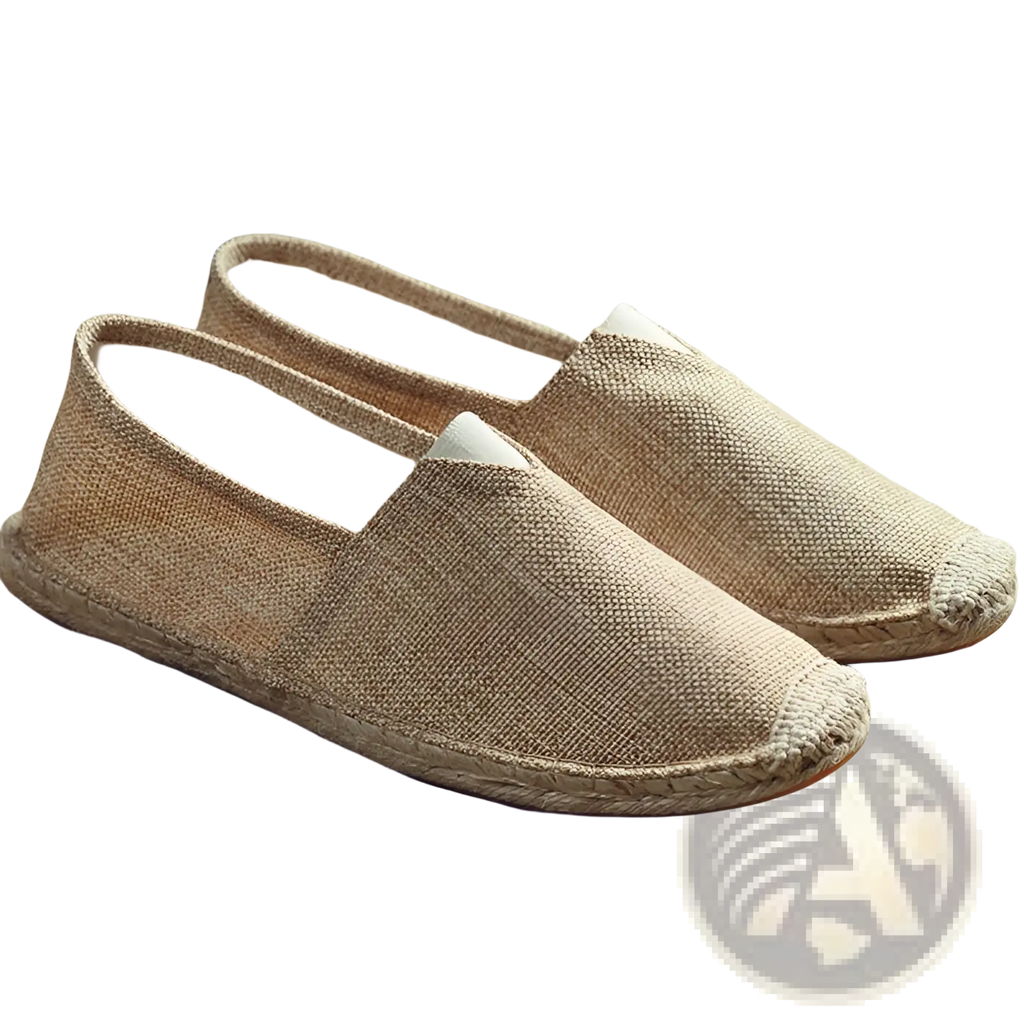 Men’s beige canvas espadrille slip-on summer shoes with braided jute sole and white fabric lining
