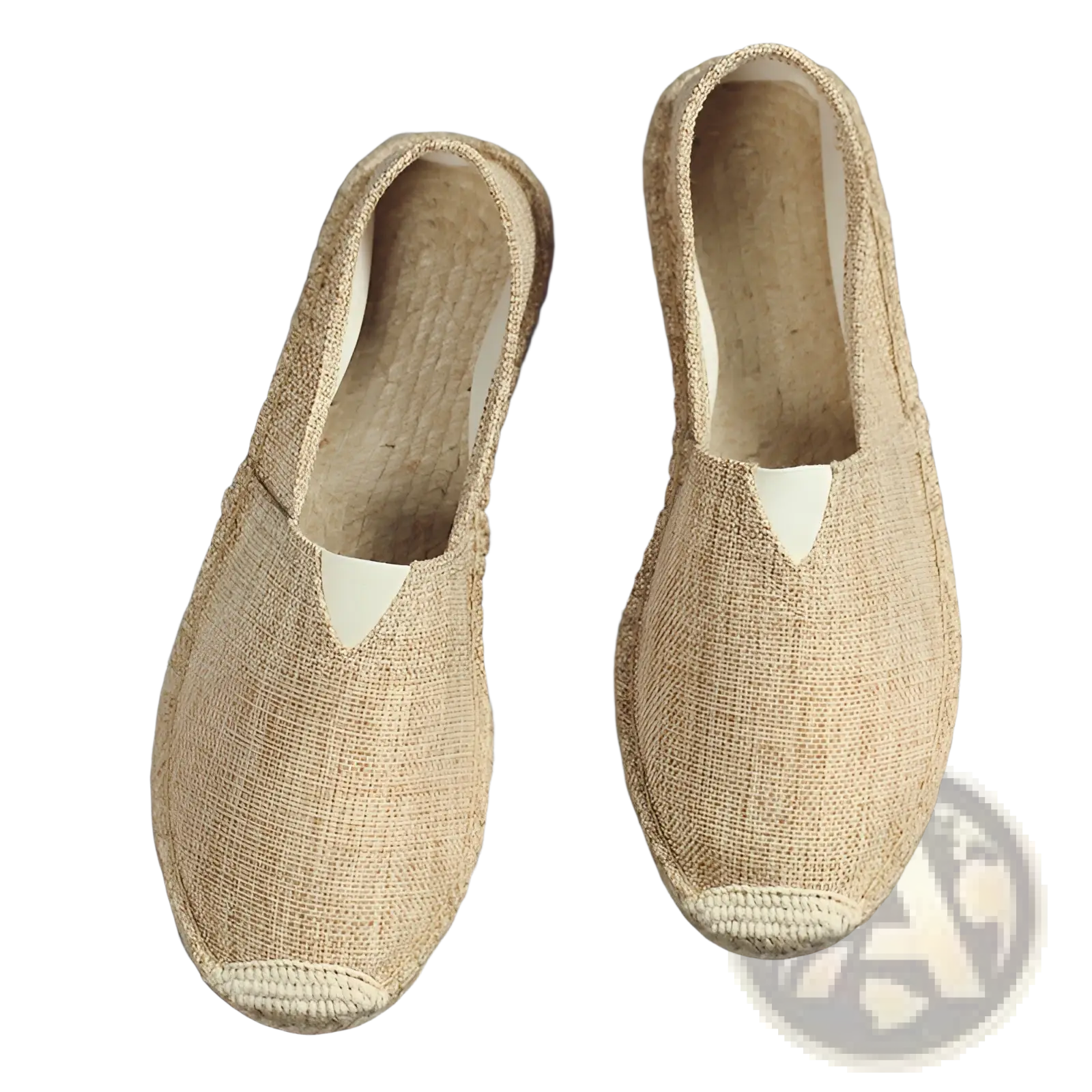 Men’s beige canvas espadrille slip on summer shoes with white triangular tab and braided jute soles