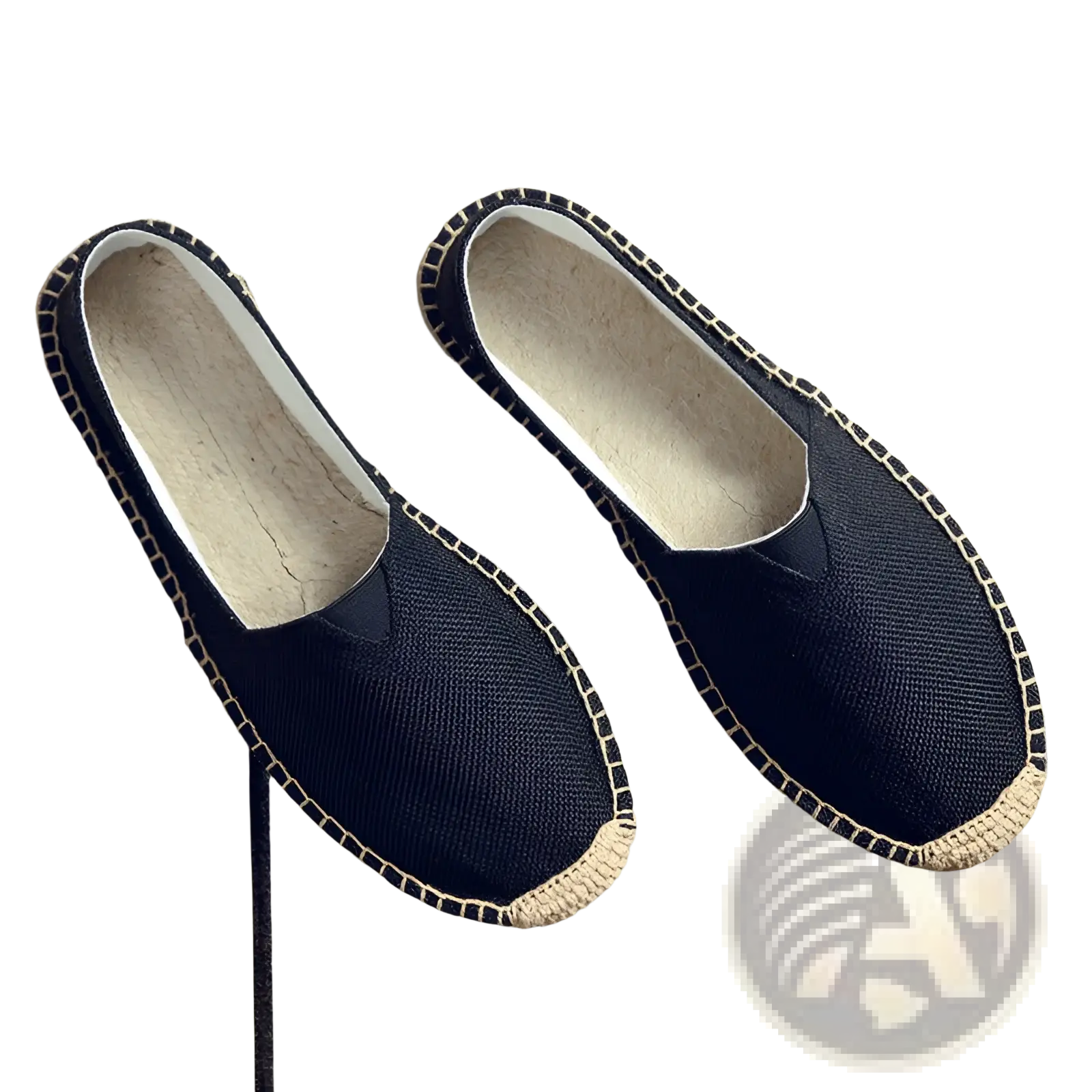 Men’s black canvas espadrille slip on summer shoes with woven jute sole and beige contrast stitching
