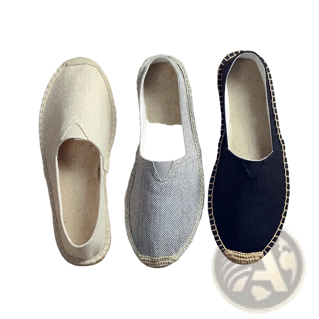 Men’s canvas espadrille slip on summer shoes in beige gray and black with woven rope soles displayed side by side