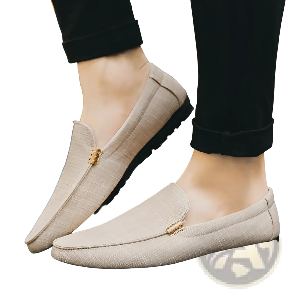Beige textured canvas men’s slip on loafers with gold tone metal buckle detail on the vamp