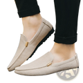 Beige textured canvas men’s slip on loafers with gold tone metal buckle detail on the vamp
