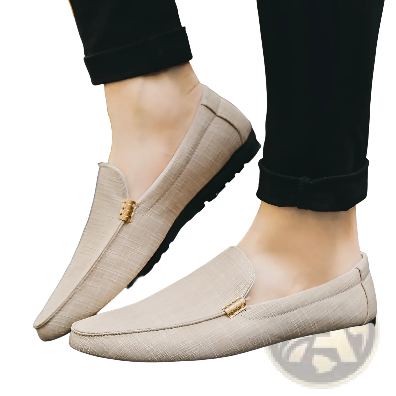 Beige textured canvas men’s slip on loafers with gold tone metal buckle detail on the vamp