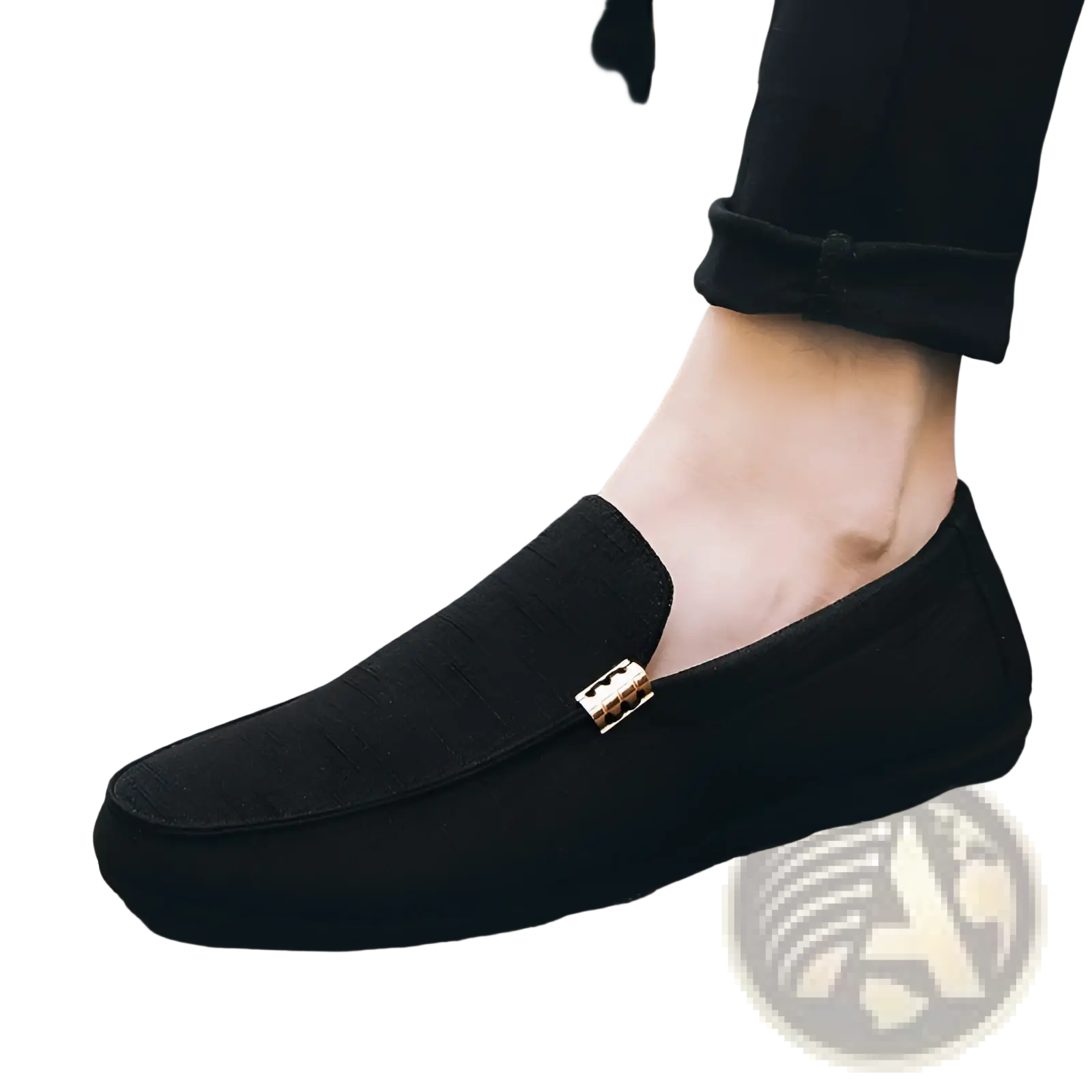 Men’s black suede loafers with gold-tone rectangular buckle accent and canvas slip-on design