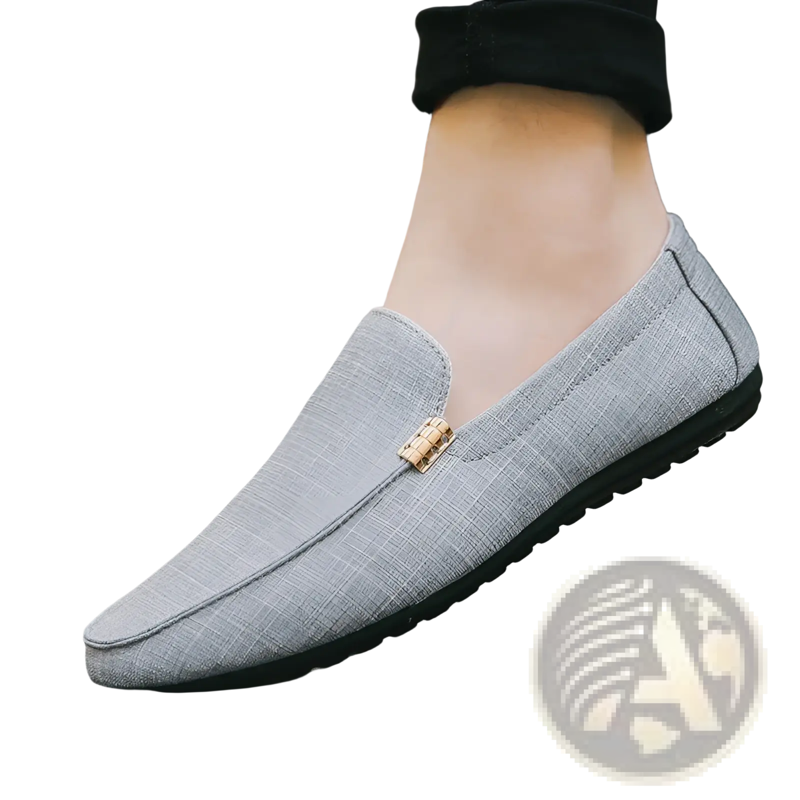Men’s gray canvas slip on loafers with textured fabric and gold tone rectangular buckle detail