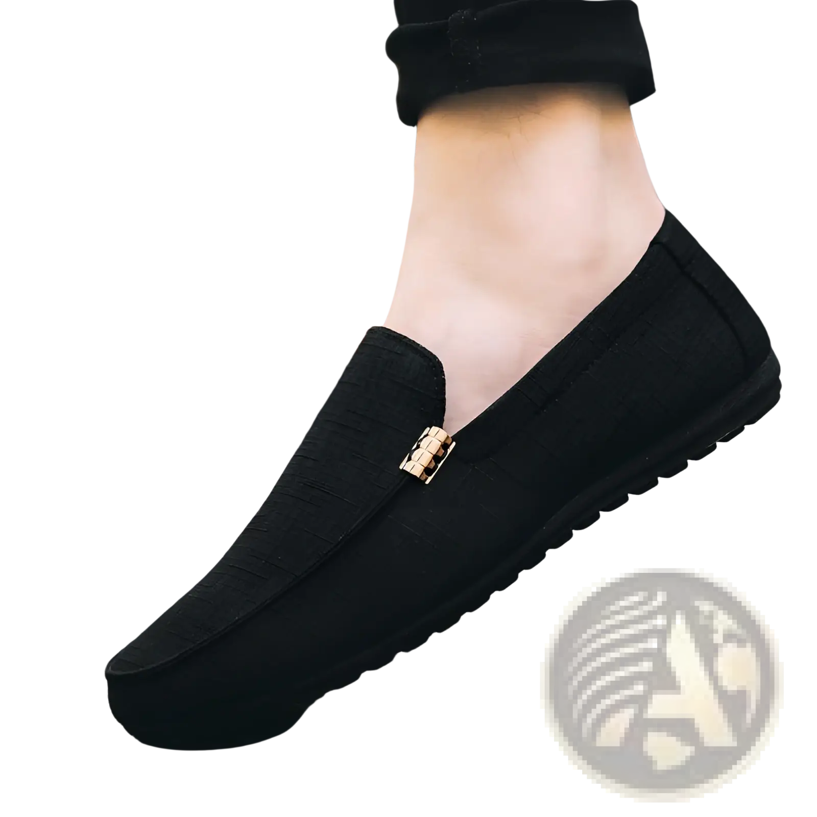 Men’s black canvas slip-on loafers with a gold-tone rectangular buckle detail for casual and formal wear