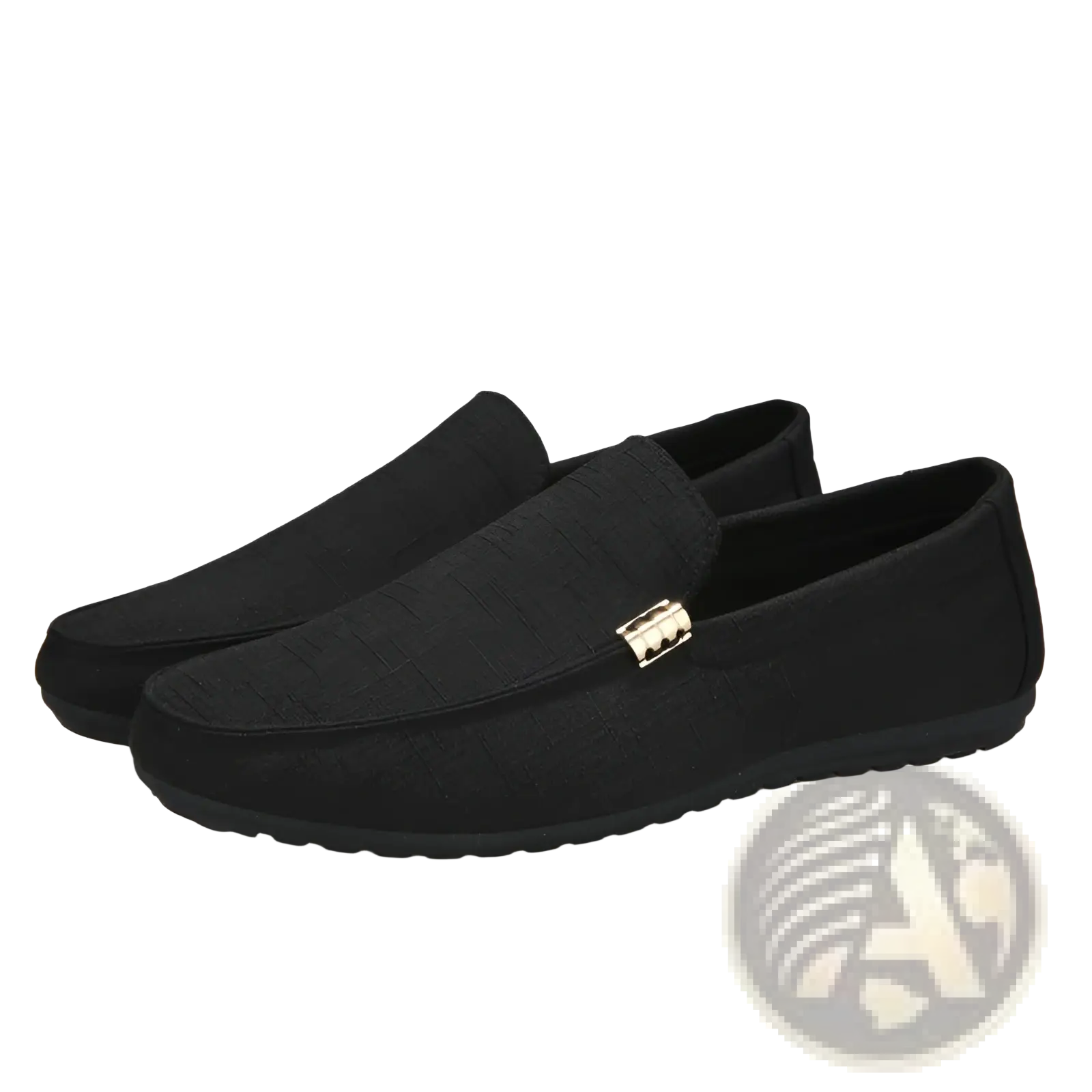 Men’s black canvas slip on loafers with subtle texture and small metallic rectangular buckle on the vamp