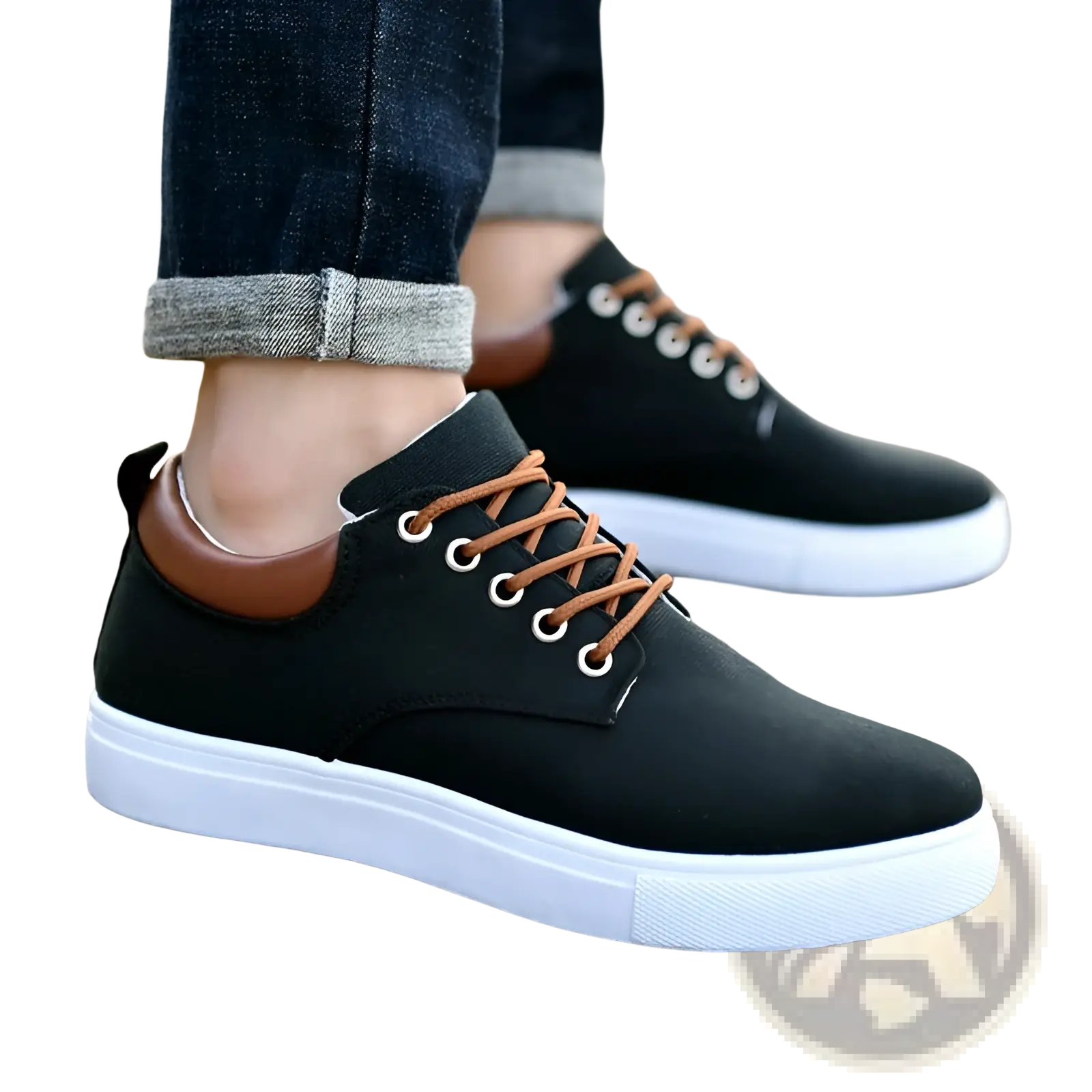 Men’s breathable casual sport canvas sneakers in black with brown laces white sole and tan leather heel tab