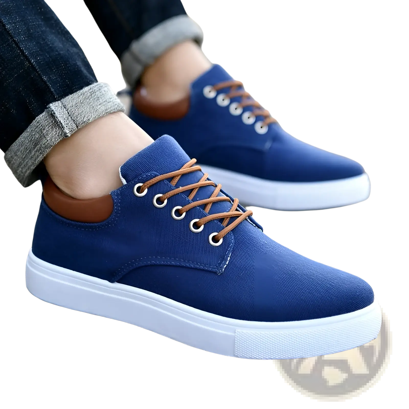 Men’s breathable blue canvas sneakers with brown laces and white rubber soles for casual sport use