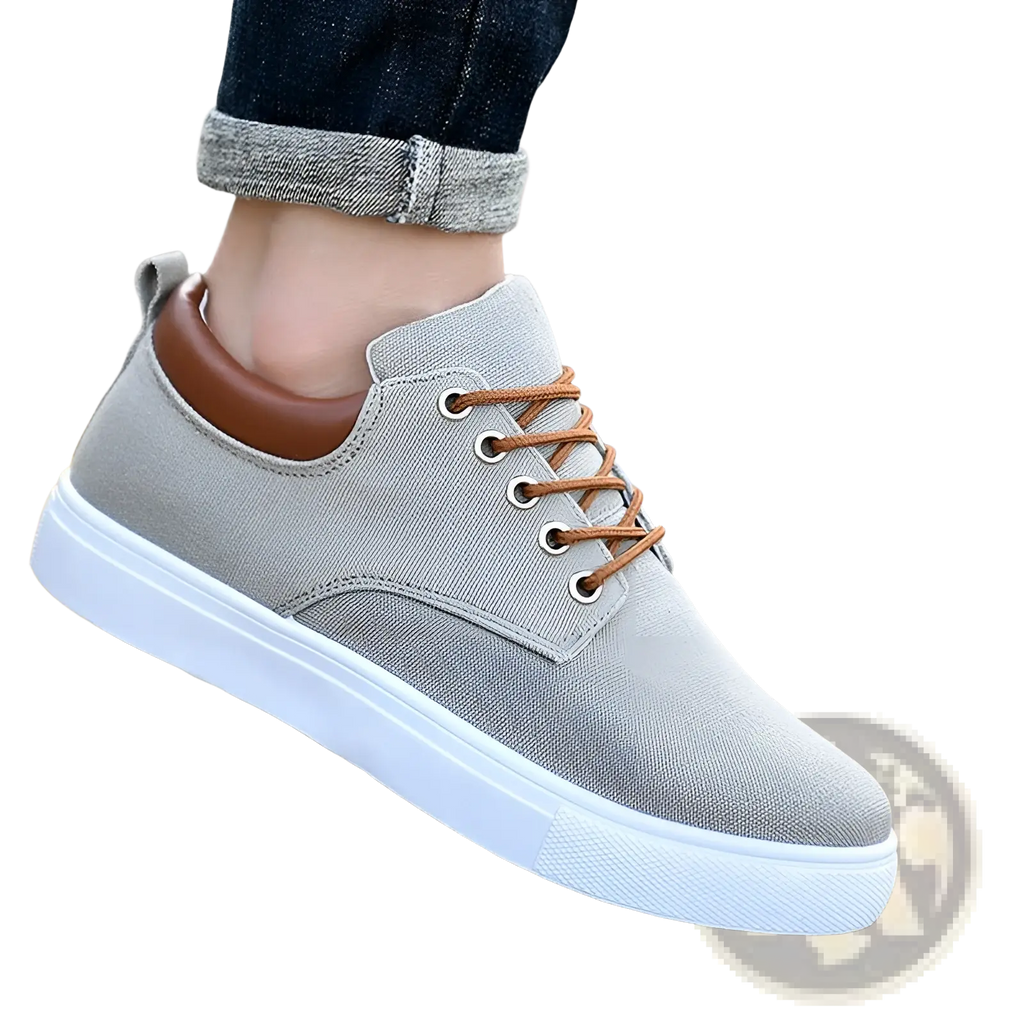 Men’s gray canvas sneakers with brown laces and white rubber sole breathable casual sport shoes