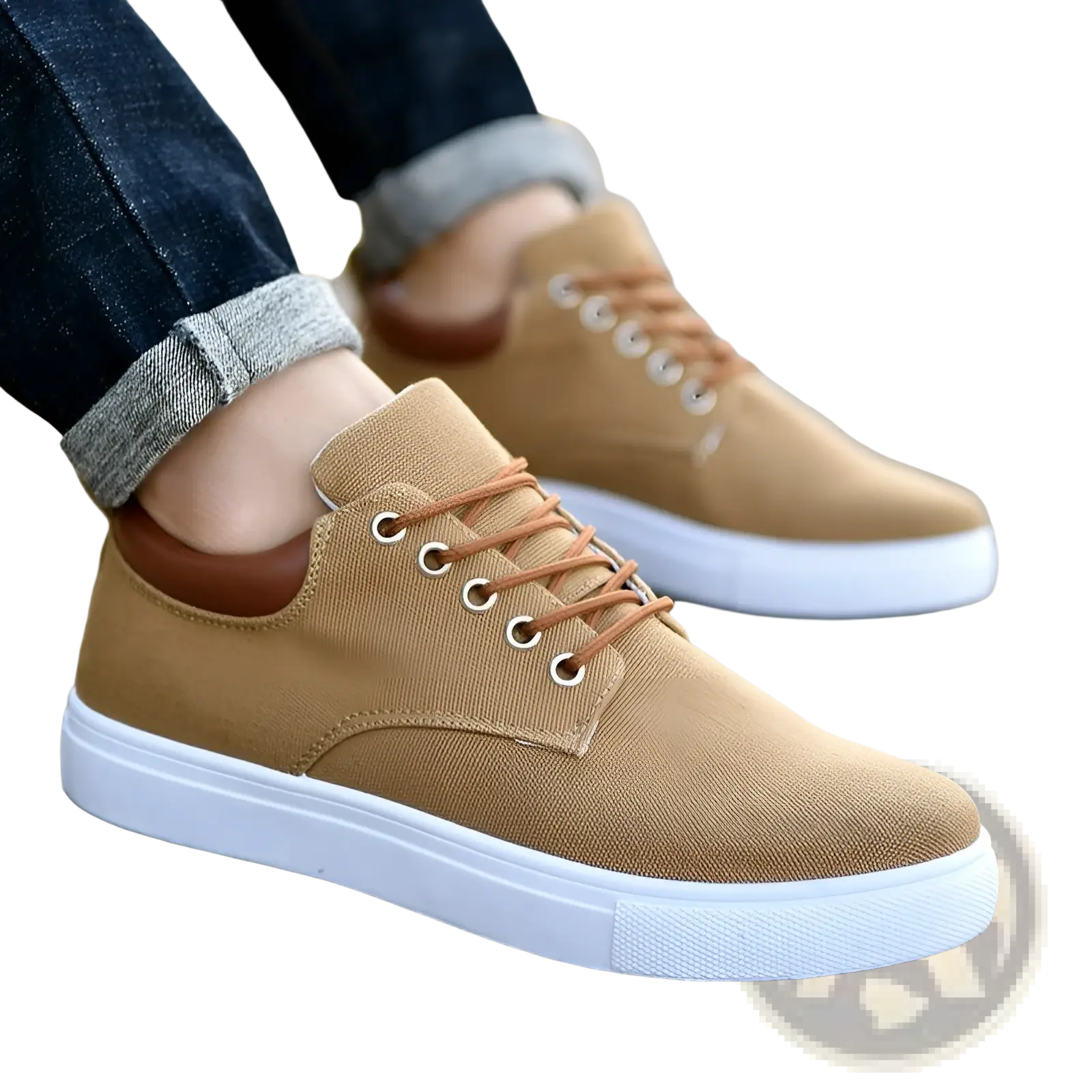 Men’s breathable tan canvas sneakers with brown laces and white rubber soles for casual sport use