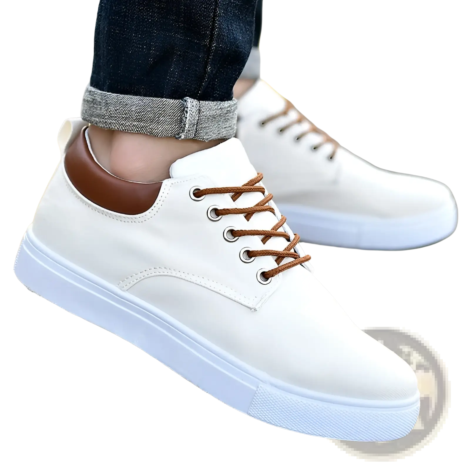 Men’s white canvas sneakers with breathable fabric brown laces and leather heel tab for casual sport use