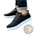 Men’s breathable casual sport canvas sneakers in black with brown laces white sole and tan leather heel tab shown from back