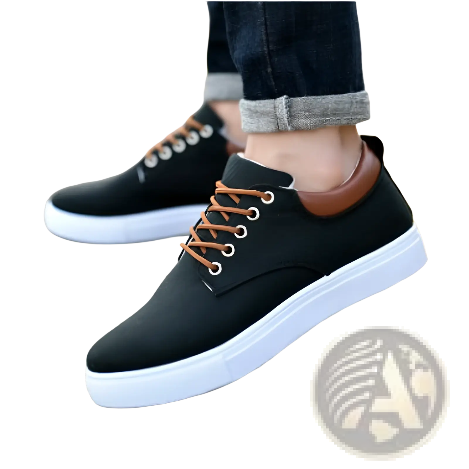 Men’s breathable casual sport canvas sneakers in black with brown laces white sole and tan leather heel tab shown from back