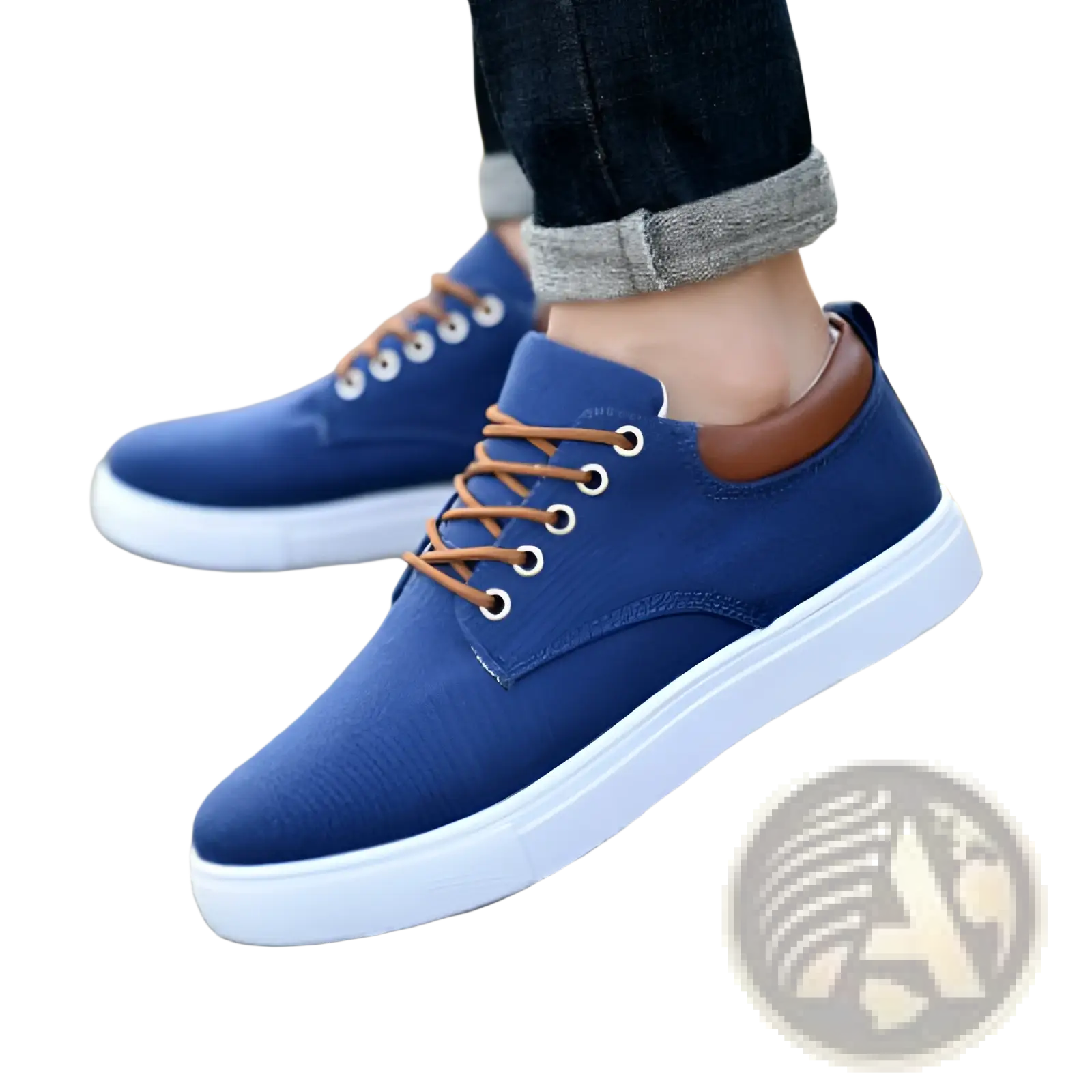 Men’s breathable casual sport sneakers made of blue canvas with brown laces and white rubber sole