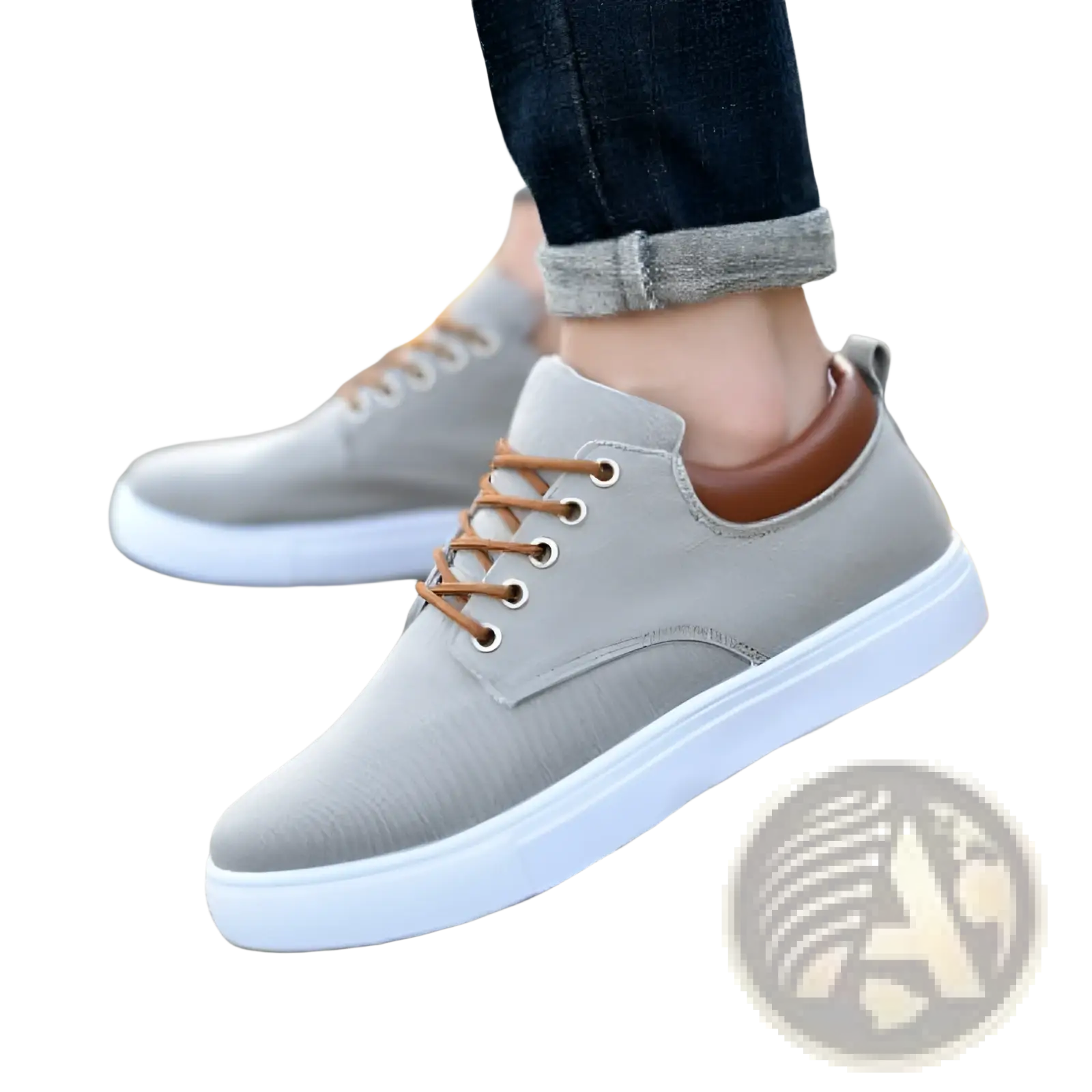 Men’s gray canvas sneakers with breathable design brown laces white sole and tan leather heel tab for casual sport use