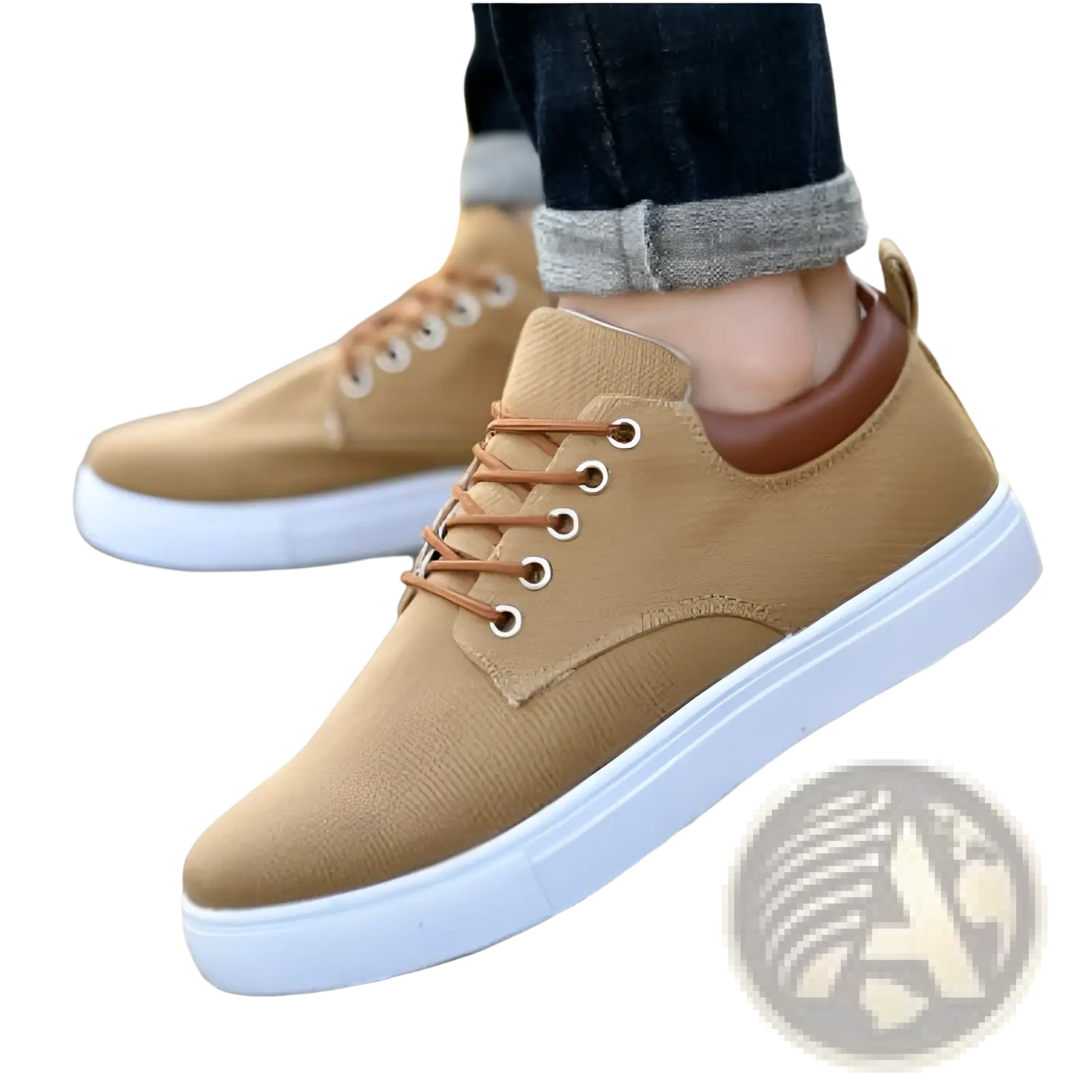 Men’s breathable casual sport sneakers in tan canvas with white rubber soles and brown laces
