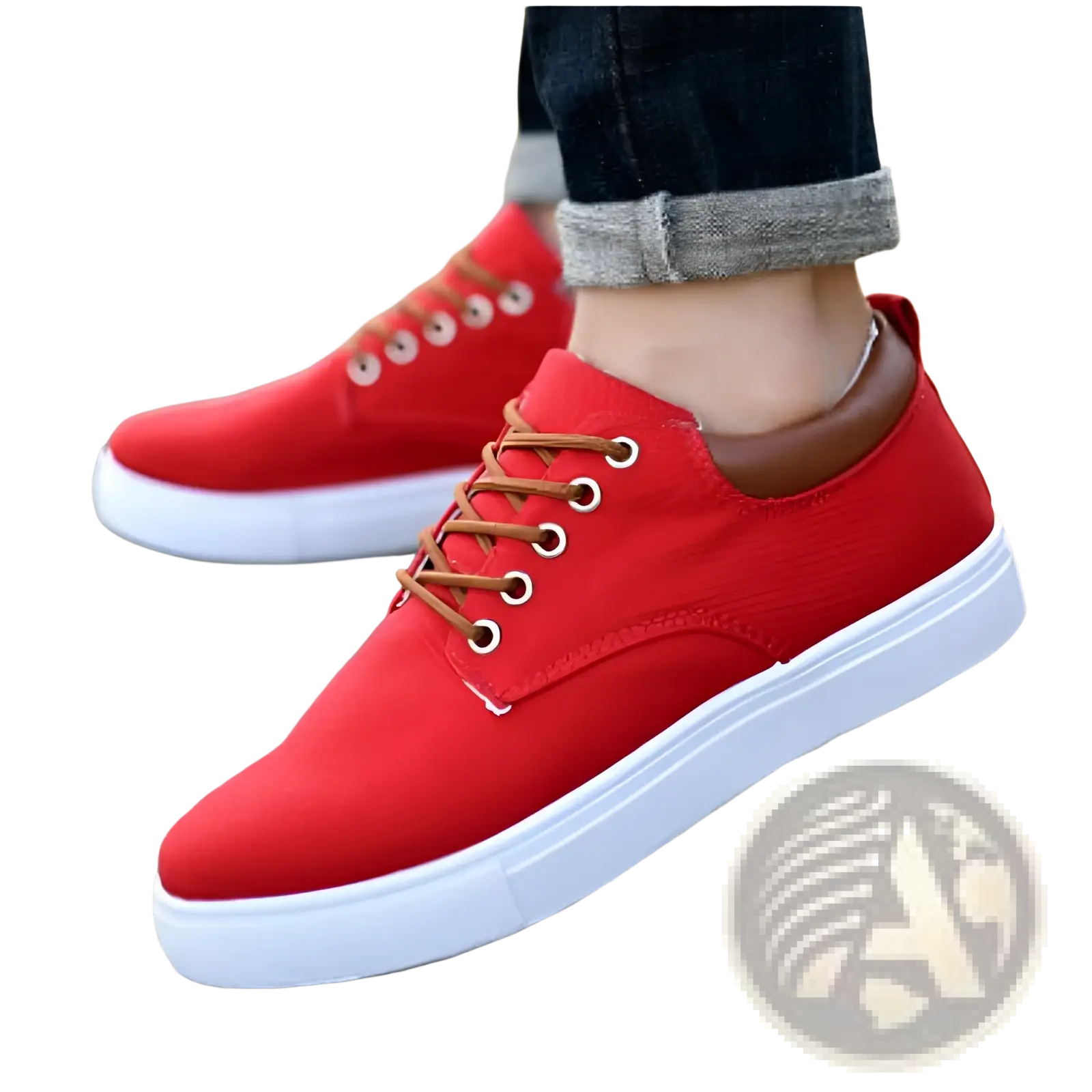 Men’s breathable casual sport sneakers in red canvas with brown laces and white rubber sole