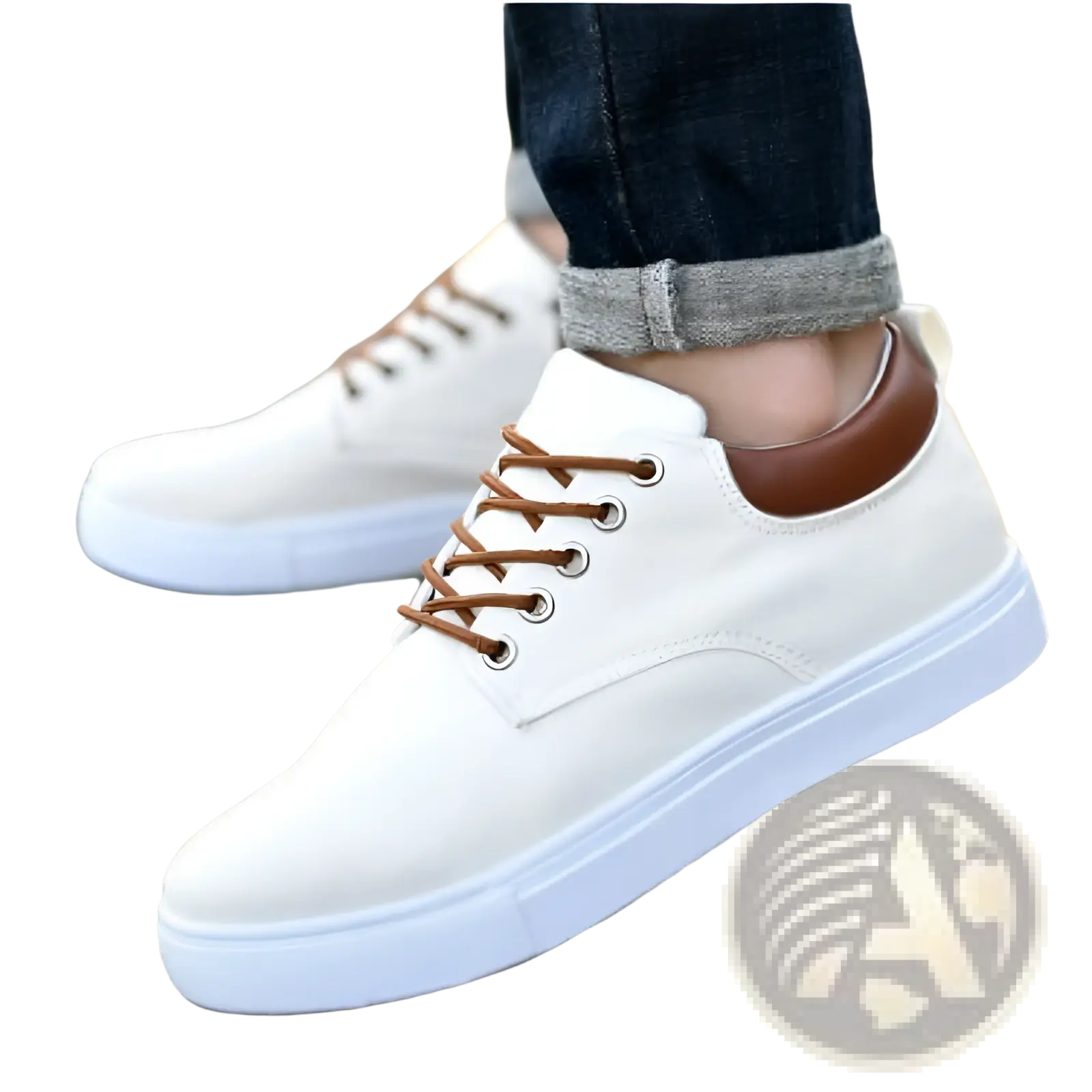 Men’s breathable casual sport canvas sneakers in white with brown laces and tan leather heel tab