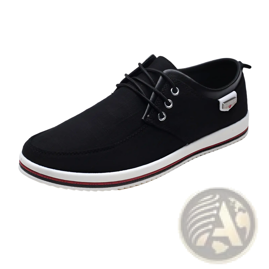 Men’s plus size black canvas sneakers with lace up design white rubber sole and red accent stripe for casual wear