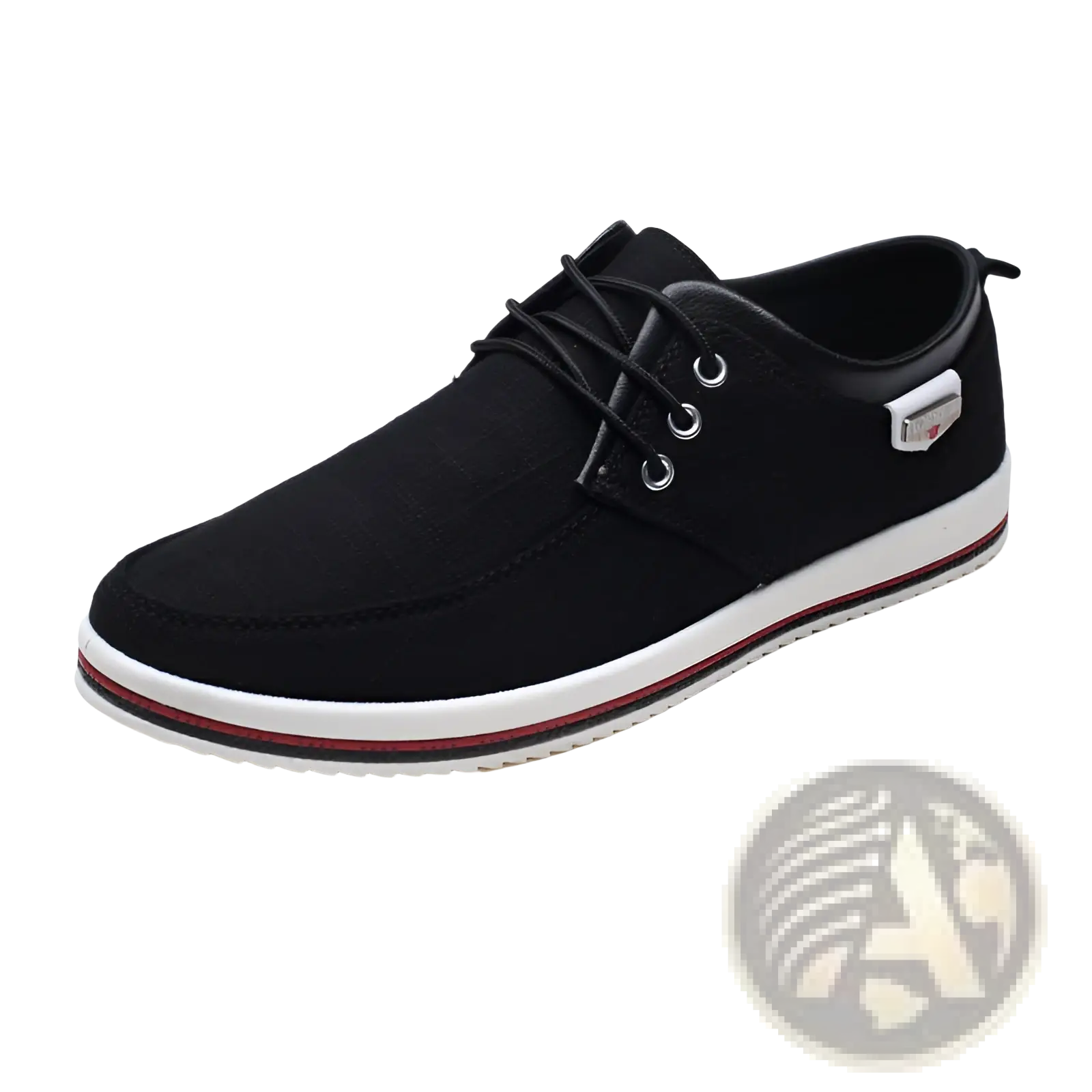Men’s plus size black canvas sneakers with lace up design white rubber sole and red accent stripe for casual wear