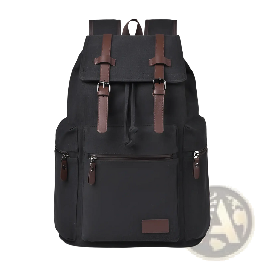 Men’s black canvas travel backpack with brown leather straps and accents large 20-35l capacity