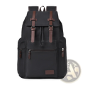 Men’s black canvas travel backpack with brown leather straps and accents large 20-35l capacity