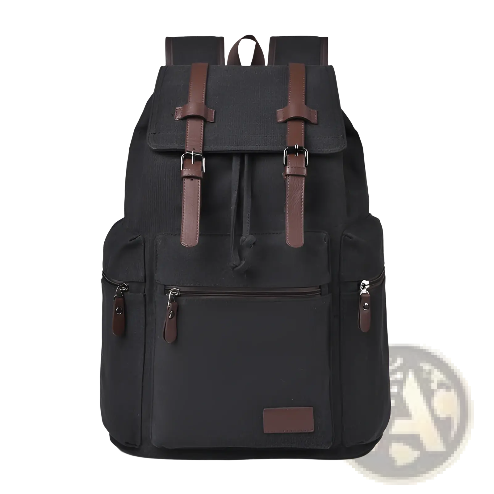 Men’s black canvas travel backpack with brown leather straps and accents large 20-35l capacity