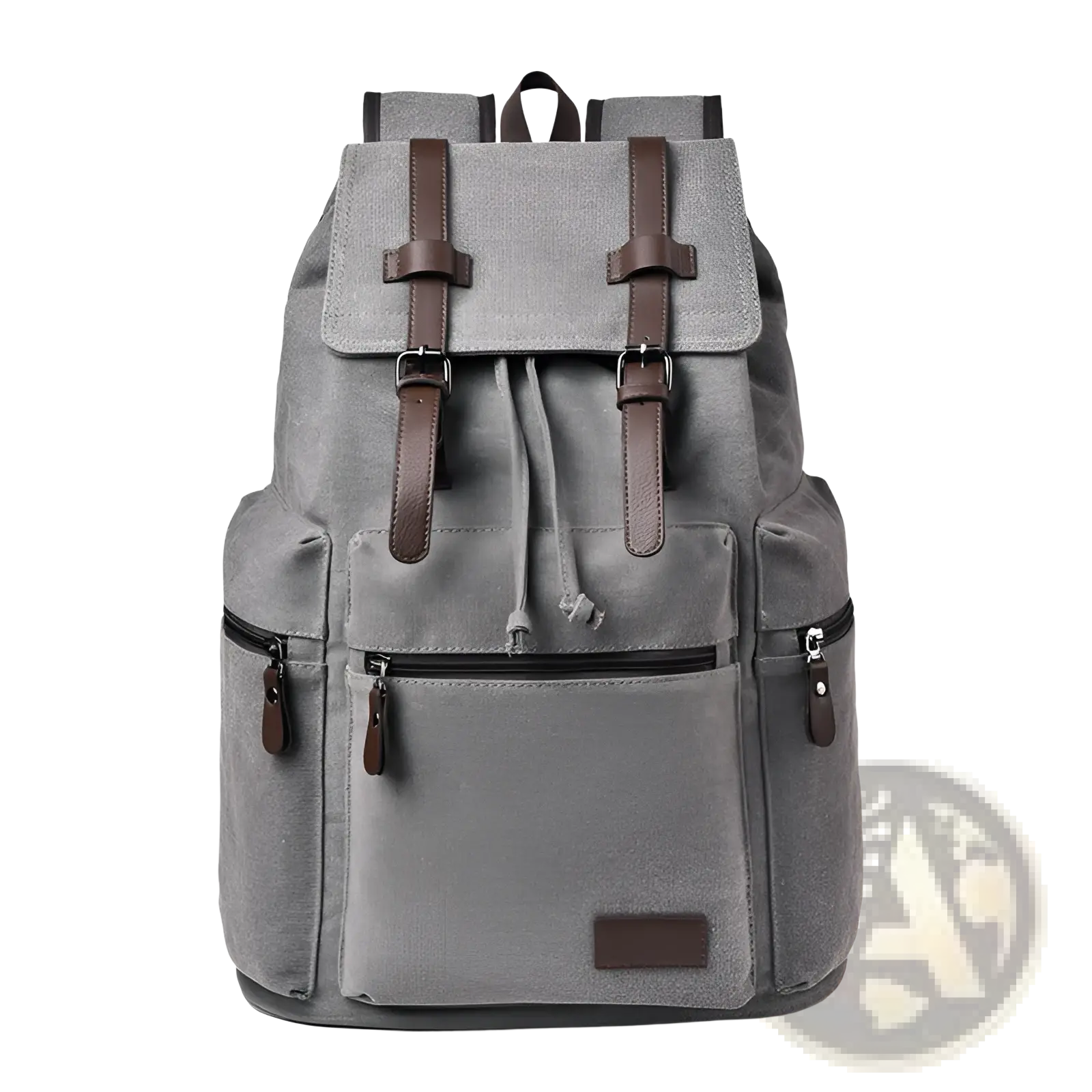 Men’s gray canvas travel backpack with brown leather straps and zippers large 20-35l capacity