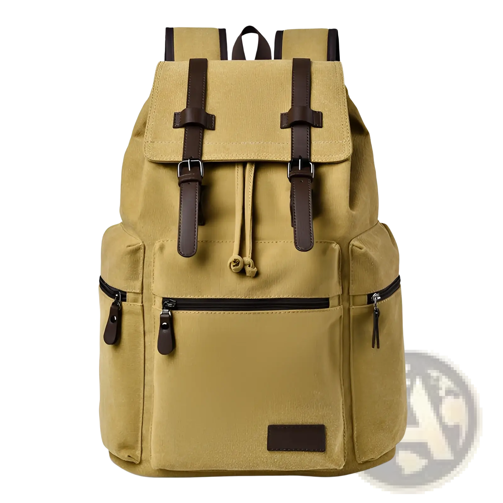 Men’s tan canvas travel backpack with large 20-35l capacity featuring brown leather straps and zipper accents