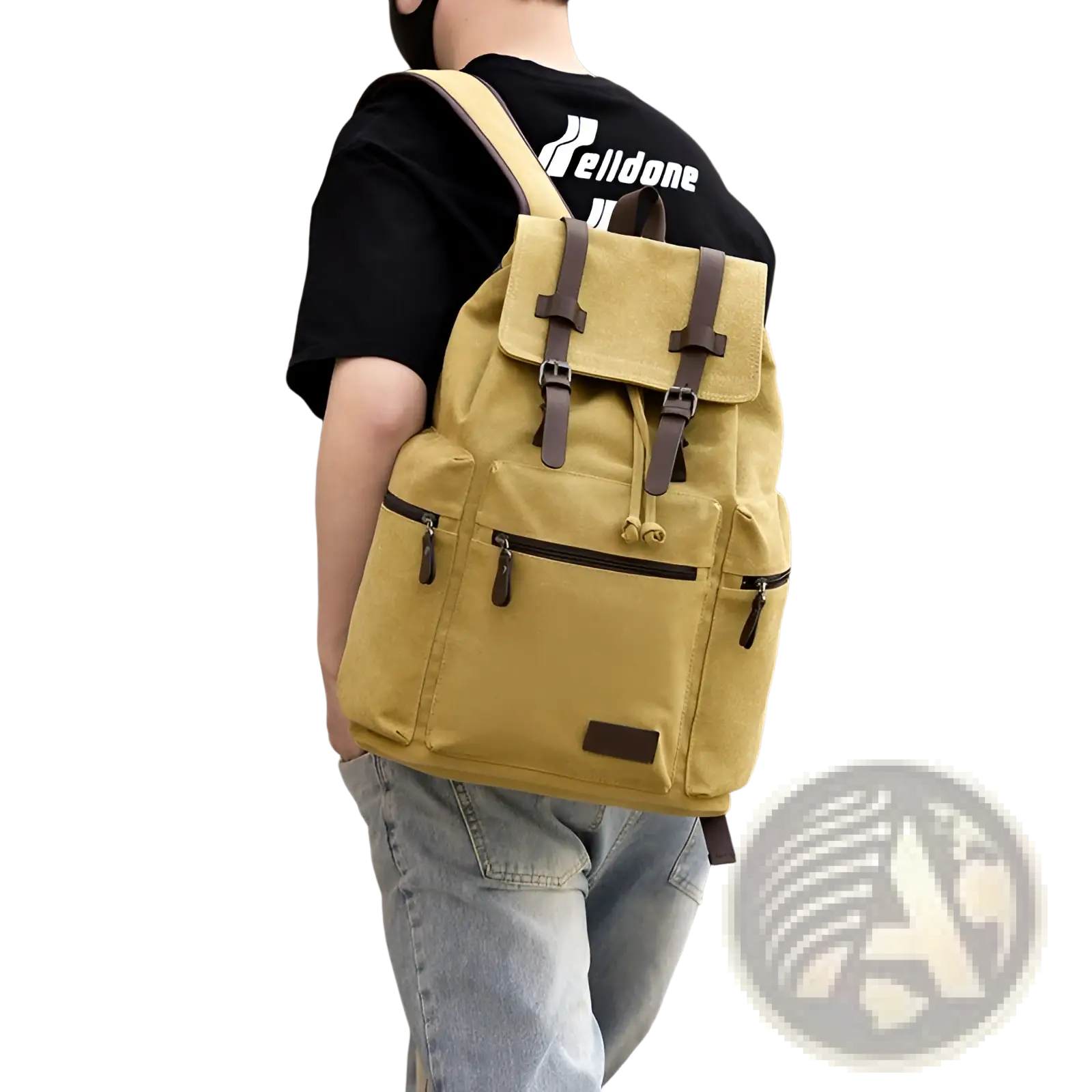 Men’s mustard-yellow canvas travel backpack with brown leather straps and zippers large 20-35l capacity