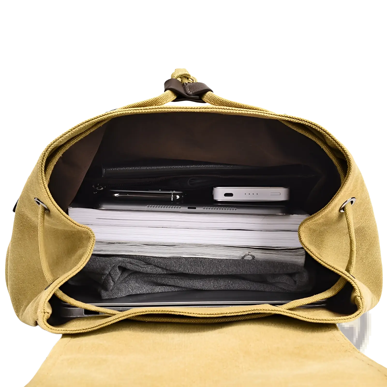 A mustard-yellow men’s canvas travel backpack with brown leather accents and large 20-35l capacity filled with essentials