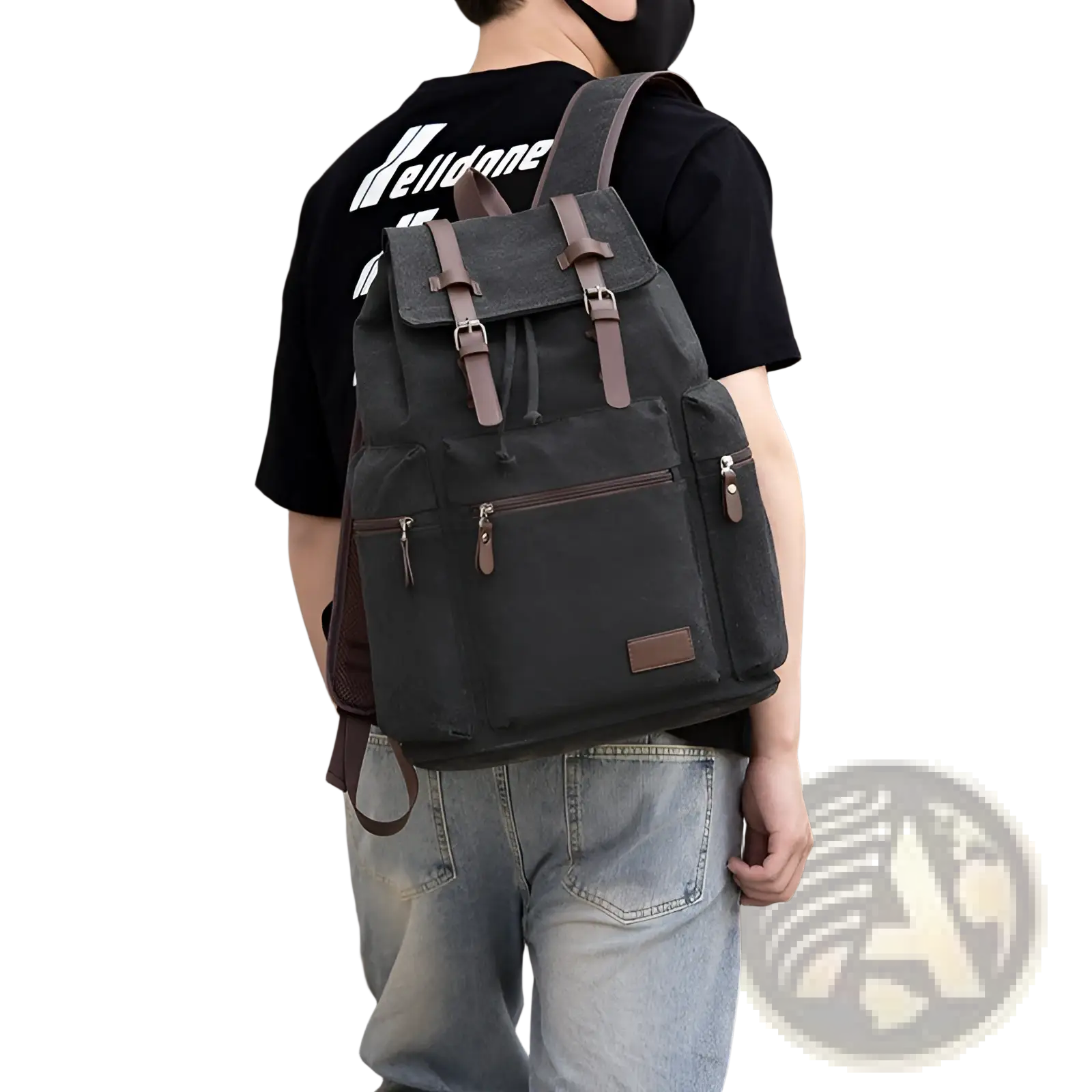 Dark gray canvas men’s travel backpack with brown leather straps and large 20-35 liter capacity for versatile use
