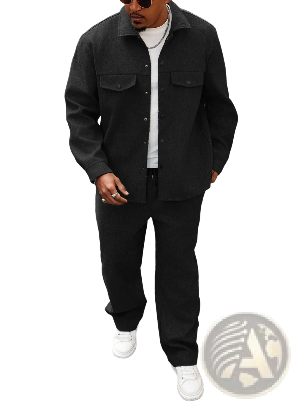 Mens cargo jacket and pants set featuring a black textured button-up jacket with collar and two chest pockets
