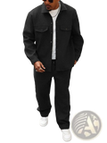 Mens cargo jacket and pants set featuring a black textured button-up jacket with collar and two chest pockets