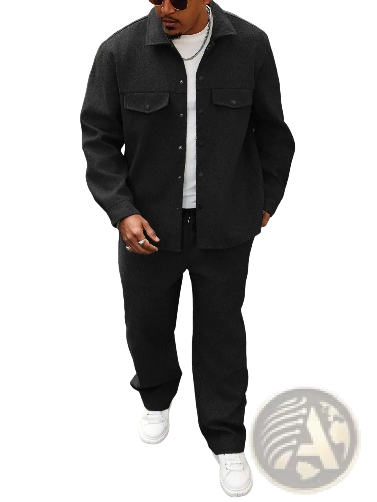 Mens cargo jacket and pants set featuring a black textured button-up jacket with collar and two chest pockets