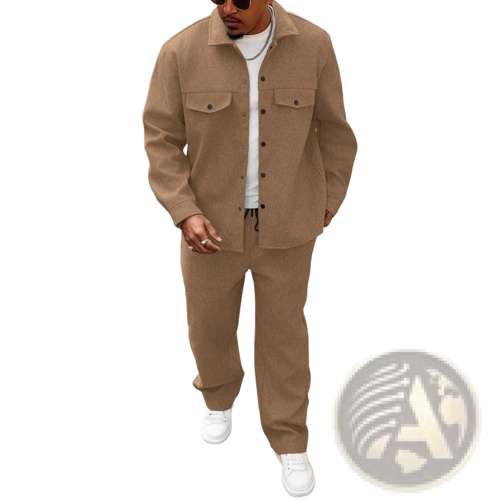 Mens cargo jacket and pants set featuring a tan corduroy button-up jacket with two chest pockets and black buttons