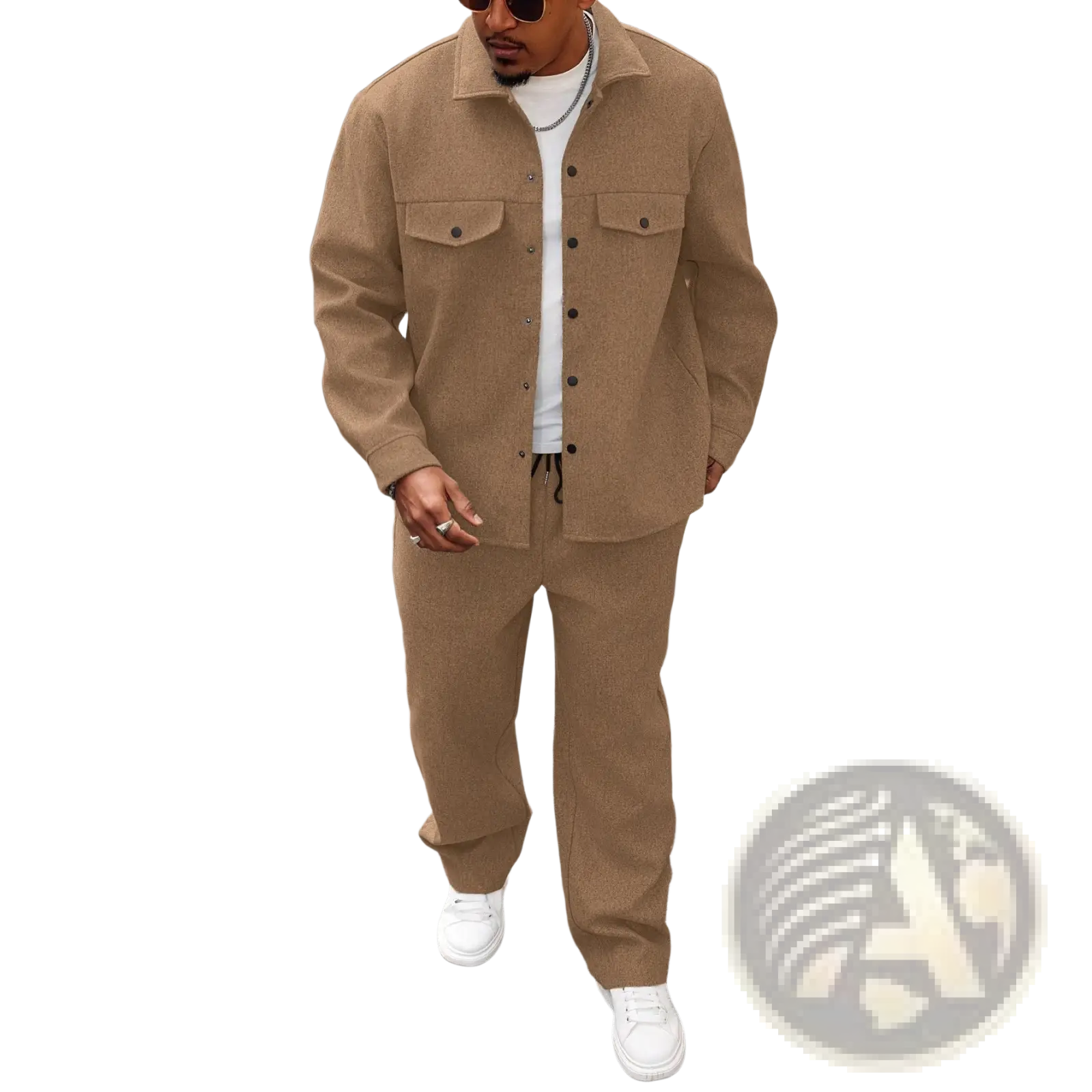 Mens cargo jacket and pants set featuring a tan corduroy button-up jacket with two chest pockets and black buttons