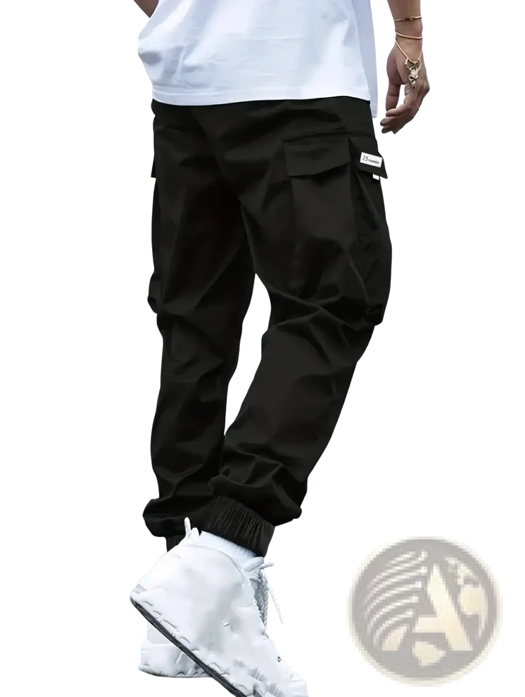 Men’s black poly cargo joggers featuring multiple pockets and a drawstring waistband for casual wear